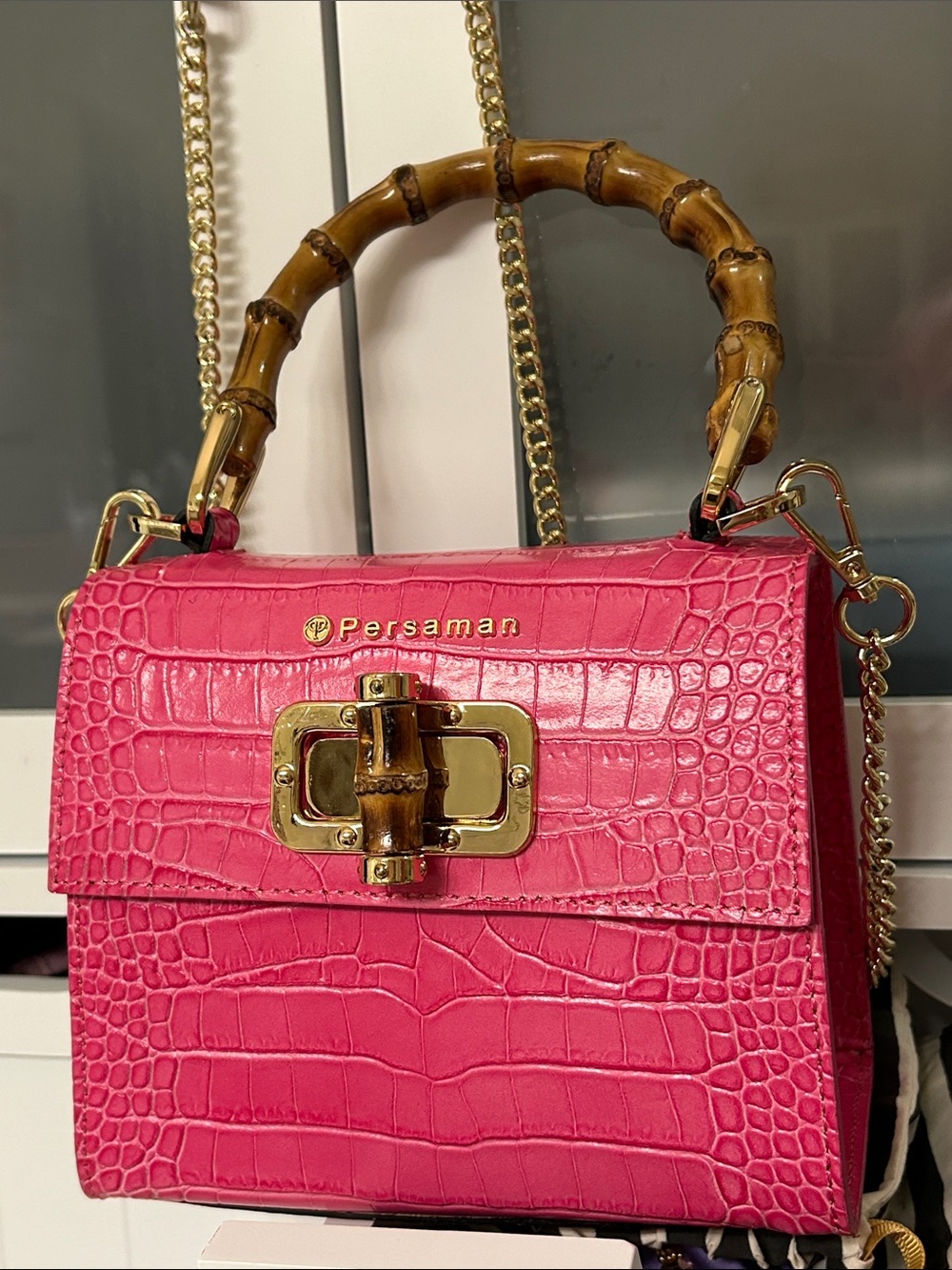 Persaman New York Hot Pink Croc-Embossed Bamboo-Handle Mini Bag